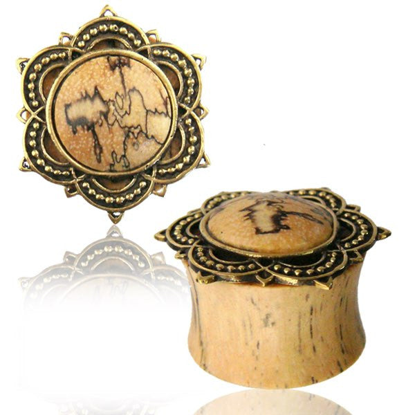 Pair Brass Lotus Plugs, Tribal Wood Plugs, Tamarind Wood Gauges, Wood Tunnels,  Ear Gauges, Double Flared Plugs, Tribal Body Jewelry.