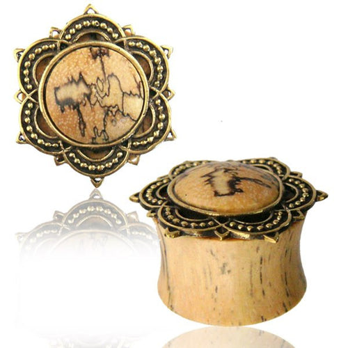 Pair Brass Lotus Plugs, Tribal Wood Plugs, Tamarind Wood Gauges, Wood Tunnels,  Ear Gauges, Double Flared Plugs, Tribal Body Jewelry.