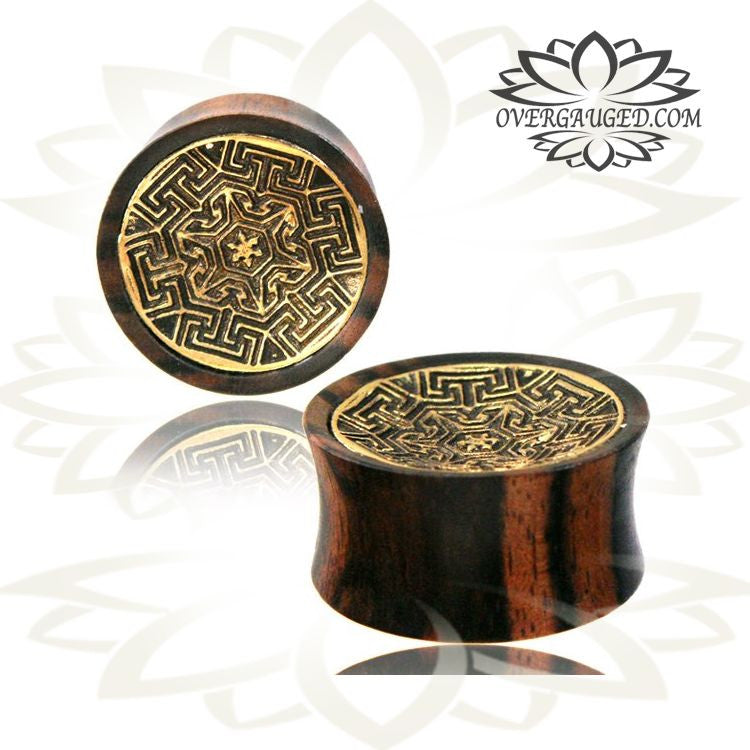 Pair Concave Iron Wood Plugs, Brass Tribal Inlay Ear Gauges, Double Flared Organic Plugs, Wooden Gauges.
