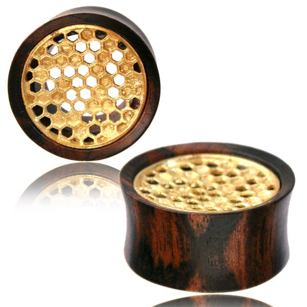 Pair of Antiqued Tribal Brass Plugs, Inlayed Concave Iron Wood Tunnels, Double Flared Organic Wood Plugs, Tribal Body Jewelry.