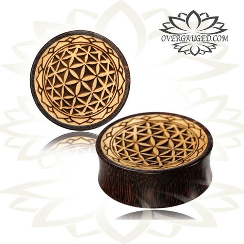 Pair Concave Flower of Life Tamarind Wood Plugs, Inlay Jack Fruit Wood, Double Flare Wood Plugs, Engraved Tribal Ear Gauges, Tribal Body Jewelry, Organic Wood Plugs.