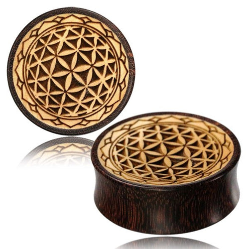 Pair Concave Flower of Life Tamarind Wood Plugs, Inlay Jack Fruit Wood, Double Flare Wood Plugs, Engraved Tribal Ear Gauges, Tribal Body Jewelry, Organic Wood Plugs.