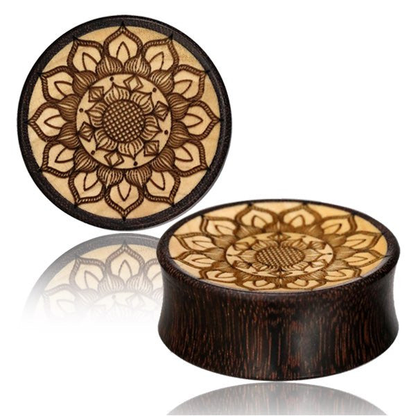 Pair of Concave Mandala Flower Tamarind Wood Plugs, Inlay Jack Fruit Wood Plugs, Double Flare Organic Plugs, Engraved Tribal Gauges, Wood Ear Plugs.