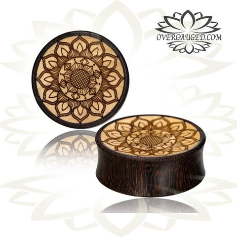 Pair Concave Flower of Life Tamarind Wood Plugs, Inlay Jack Fruit Wood, Double Flare Wood Plugs, Engraved Tribal Ear Gauges, Tribal Body Jewelry, Organic Wood Plugs.