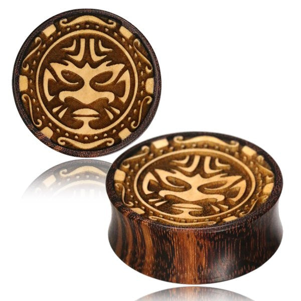 Pair of Tribal Concave Tamarind Wood Plugs with Jack Fruit Inlay, Double Flare Plugs Engraved Tribal Design, Wood Ear Plugs, Organic Wood Jewelry, Body Jewelry.