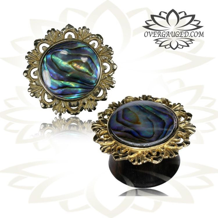 Pair of Organic Wood Plugs, Iron Wood Ear Plugs, Abalone Shell & Ornate Brass Plugs, Double Flared Brass Plugs, Organic Wood Jewelry, Brass Body Jewelry.