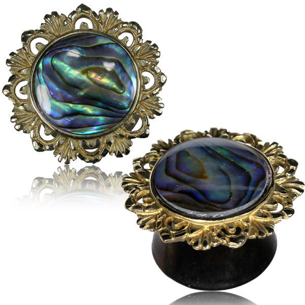 Pair of Organic Wood Plugs, Iron Wood Ear Plugs, Abalone Shell & Ornate Brass Plugs, Double Flared Brass Plugs, Organic Wood Jewelry, Brass Body Jewelry.