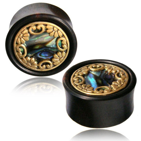 Pair Antiqued Tribal Brass Plugs, Iron Wood Organic Gauges, Brass & Abalone Shell Plugs, Tribal Wood Plugs, Double Flared Wood Plugs, Organic Plugs.