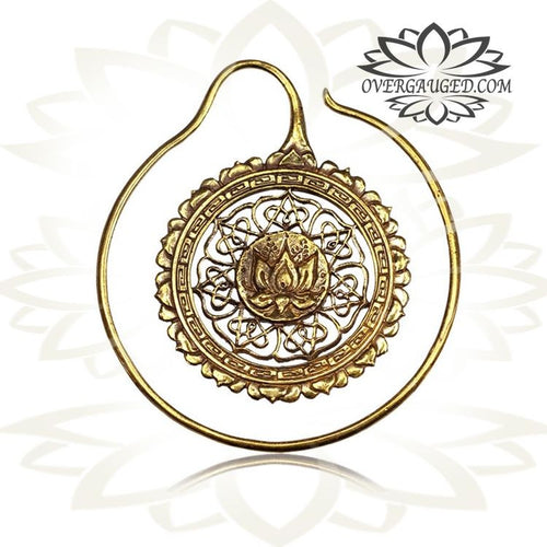 Pair of Ornate Brass Earrings in 14g Lotus Flower Hoops, Large Diameter, Double Sided Design.