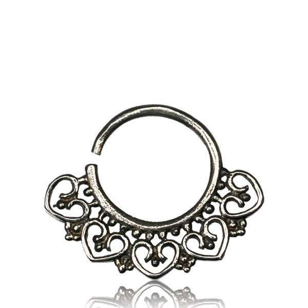Single White Brass Septum Ring, Tribal Brass Septum Ring, Ornate 16g (1.2mm) White Brass Septum, Tribal Hearts Septum, Brass Body Jewelry, Ring Diameter 9mm.