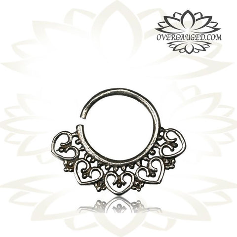Single Silver Lotus Septum Ring (Fake Style) Antiqued Cheater Tribal Silver Lotus Septum Ring, Tribal Body Jewelry.