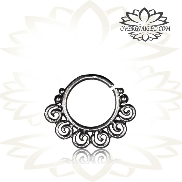 Single White Brass Septum Ring in 16g (1.2mm) Antiqued Spirals Tribal Septum Ring, Nose Hoop Piercing, Ring 9mm, Body Jewelry.