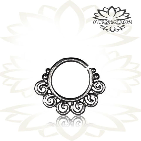 Single Silver Lotus Septum Ring (Fake Style) Antiqued Cheater Tribal Silver Lotus Septum Ring, Tribal Body Jewelry.