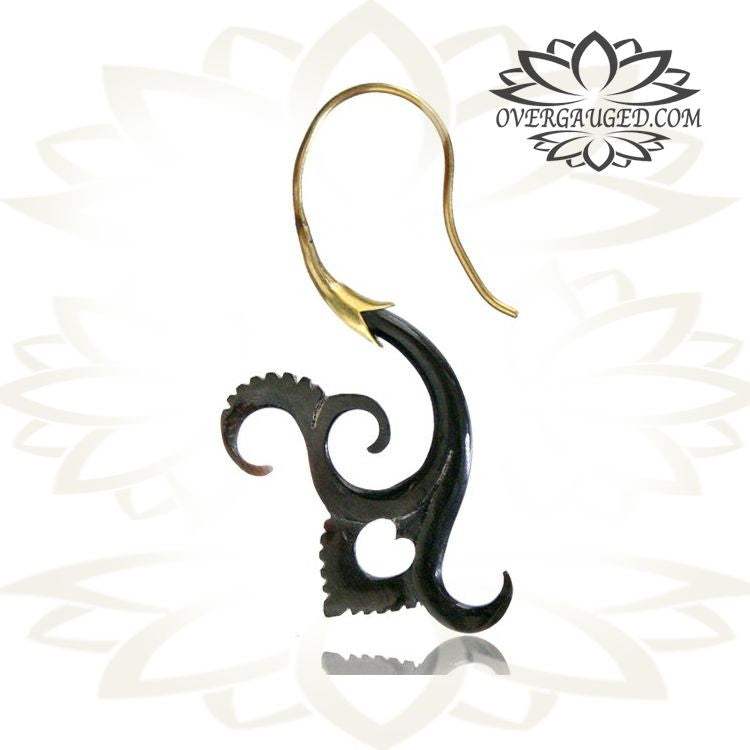 Pair of Ornate Carved Buffalo Horn Earrings, High Polished Brass Earrings.