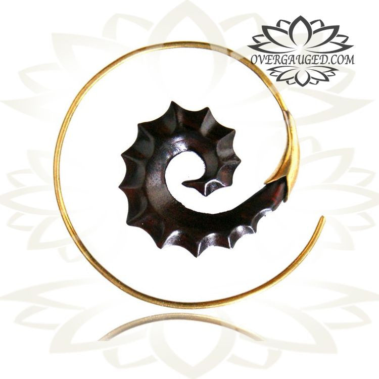 Pair of Ornate Brass Earrings with Carved Sono Wood 18g (1mm) Brass Antiqued Polished Spirals Earrings.