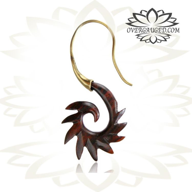Pair of Ornate Brass Earrings with Carved Sono Wood 18g (1mm) Tribal Brass Talons.