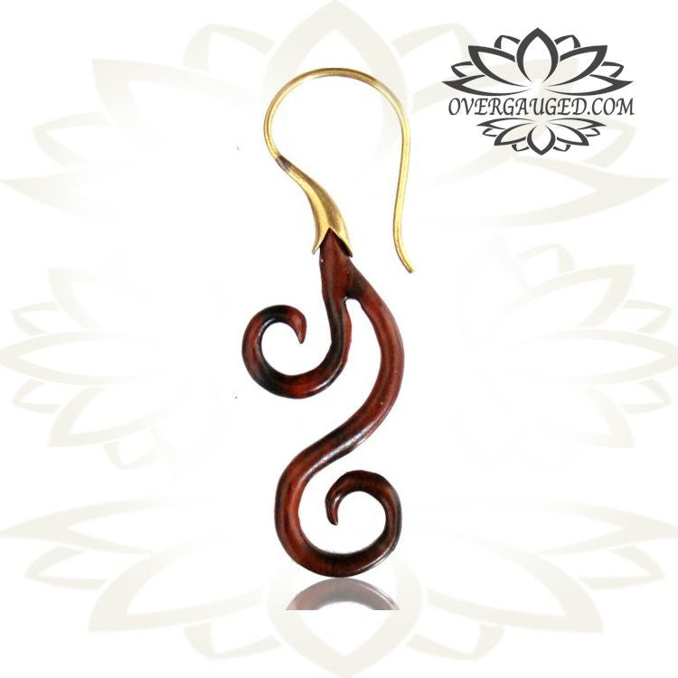 Pair of Ornate Brass Earrings with Carved Sono Wood, Brass Spiral Earrings.