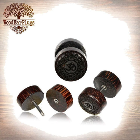 Pair Fake Gauge Earrings, Zebra Wood Faux Plugs, 18g Fake Plugs, Fake Ear Piercing Jewelry, Cheater Wood Plugs.