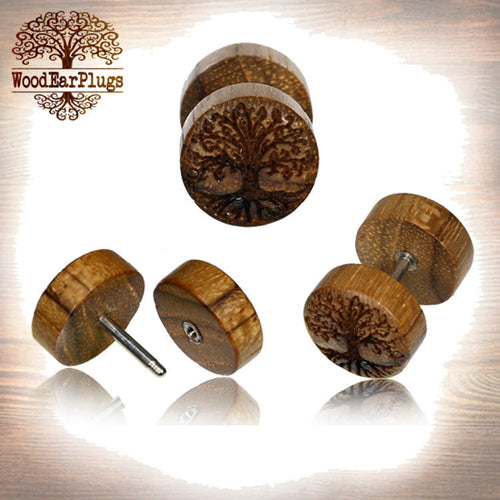 Pair of Tree of Life Fake Gauge Earrings, Teak Wood fake Plugs, 18g Threaded Surgical Steel Post (00g Cheater),Fake Ear Plugs.