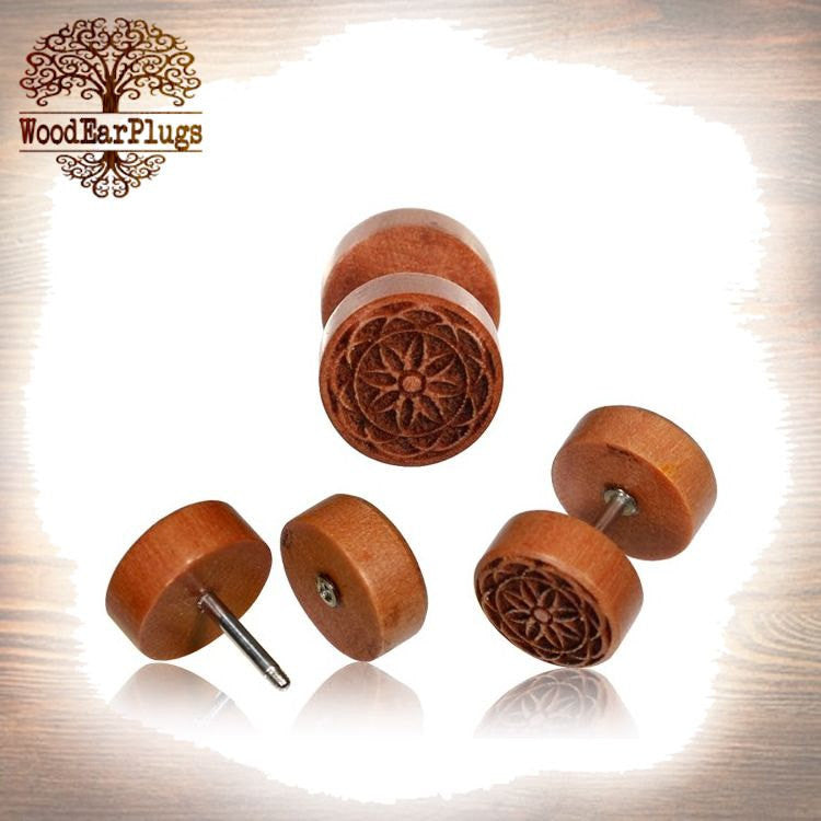 Pair of Fake Wooden Gauge Earrings, Rose Wood Engraved Carved Flower of Life Fake Wood Plugs, 18g Threaded S. Steel (00g Cheater Plugs).