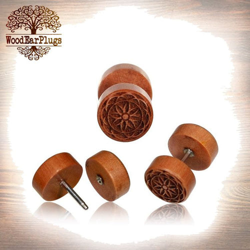 Pair of Fake Wooden Gauge Earrings, Rose Wood Engraved Carved Flower of Life Fake Wood Plugs, 18g Threaded S. Steel (00g Cheater Plugs).