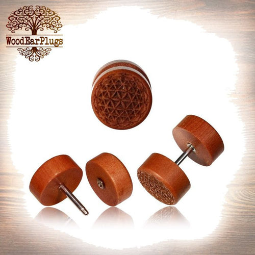 Pair of Fake Wooden Gauge Earrings, Rose Wood Engraved Carved Seed of Life Fake Wood Plugs, 18g Threaded S. Steel 00g Cheater Plug.