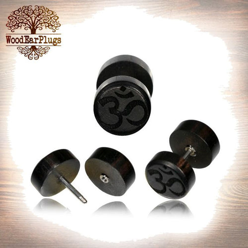 Pair of Om Symbol Fake Gauge Earrings, Iron Wood Plugs, 18g Threaded Surgical Steel Post (00g Cheater)