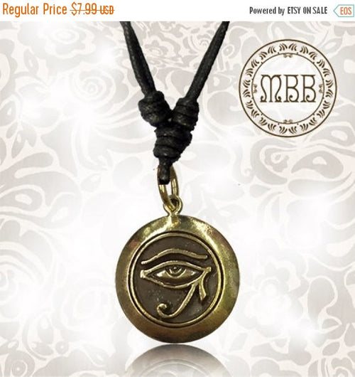 Tribal Brass Eye of Horus Pendant 3/4" inch (20mm length) Amulet on Adjustable Cotton Cord Necklace.