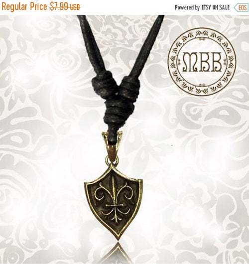 Tribal Brass Fleur de Lys (Flor De Lis) Shield Pendant 1" 1/4 inch (30mm length) Amulet on Adjustable Cotton Cord.
