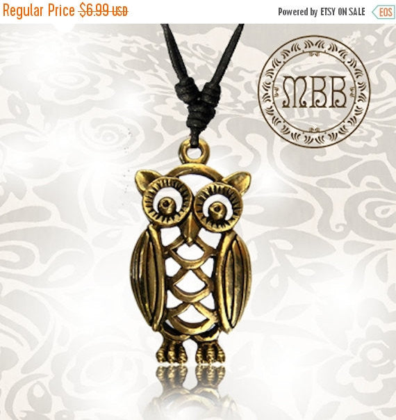 Tribal Brass Pendant Wise old Owl 1" 3/8 inch (35mm diameter) Amulet On Adjustable Cotton Cord Necklace.