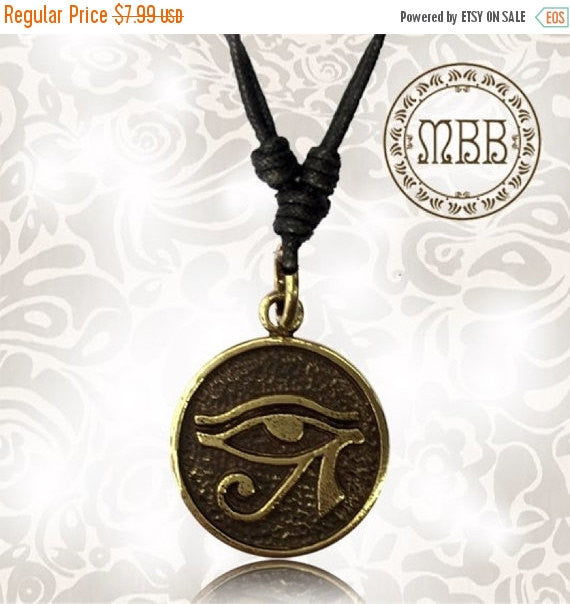 Single Small Brass Eye of Horus Pendant 15/16" inch (24mm length), Adjustable Cotton Cord Necklace.