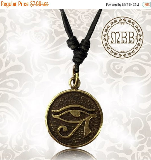 Single Small Brass Eye of Horus Pendant 15/16" inch (24mm length), Adjustable Cotton Cord Necklace.