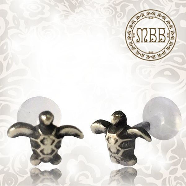 Single Sterling Silver and Bio PlastiK Labret (Tragus) Antiqued Brass Sea Turtle, Helix, Nose Stud, Earring, Size 1/4" or 5/16" .