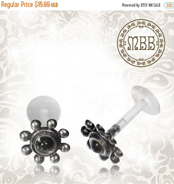 Single Silver Tragus 16g (1.2mm) Labret Antiqued With Onyx Stone Body Jewelry.