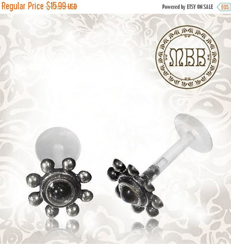 Single 16g (1.2mm) Silver Tragus, Antiqued Flower Labret, Tribal Earring or Madonna Piercing.