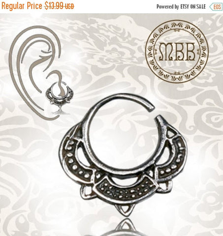 Single 16g (1.2mm) Silver Tragus, Antiqued Flower Labret, Tribal Earring or Madonna Piercing.