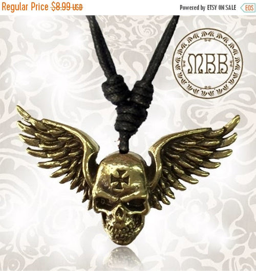 Tribal Brass Skull Wings Biker Pendant 1" 3/8 inch (35mm width) Amulet On Adjustable Cotton Cord Necklace, Goth Gothic Charm.
