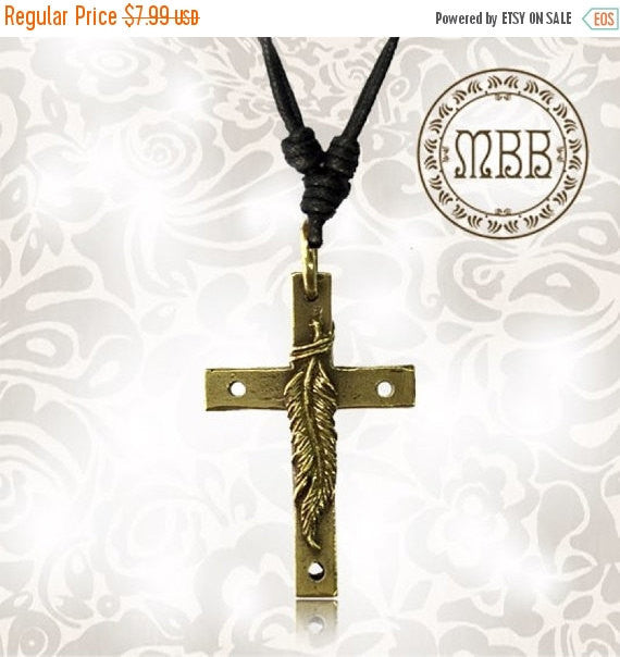 Tribal Small Brass Cross with Feather Pendant 1" 1/4 inch Amulet On Adjustable Cotton Cord Necklace.