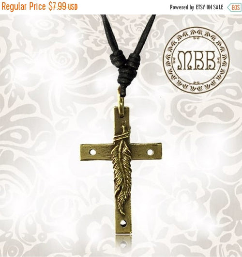 Tribal Small Brass Cross with Feather Pendant 1" 1/4 inch Amulet On Adjustable Cotton Cord Necklace.