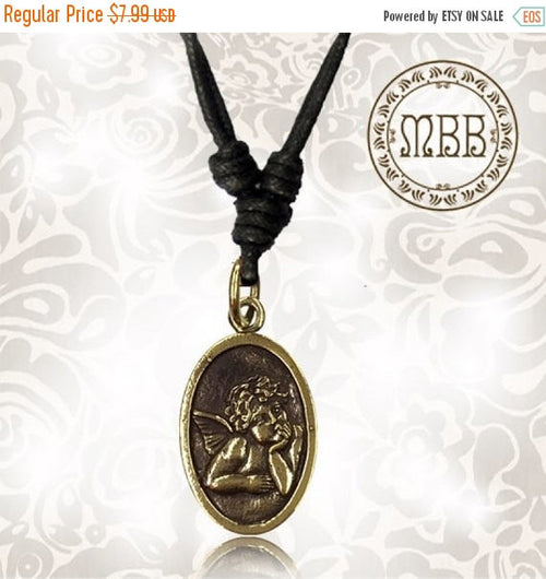 Single Angel Small Brass Pray for Us Pendant 1" inch (26mm length) Amulet On Adjustable Cotton Cord Necklace.