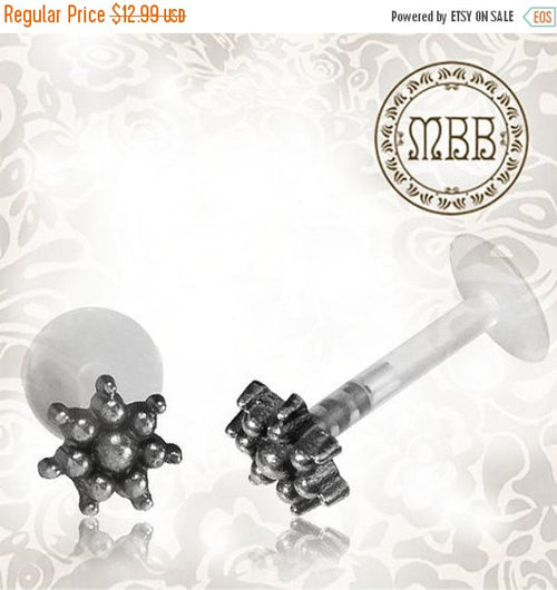 Single Tragus 16g (1.2mm) Silver Labret Antiqued Flower Tribal Helix Conch Ear Nose Stud.
