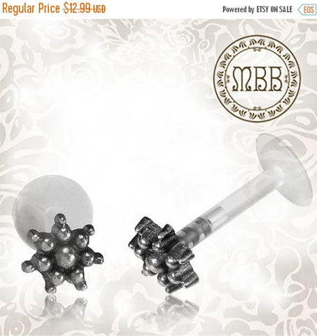 Single 16g (1.2mm) Silver Tragus, Antiqued Flower Labret, Tribal Earring or Madonna Piercing.