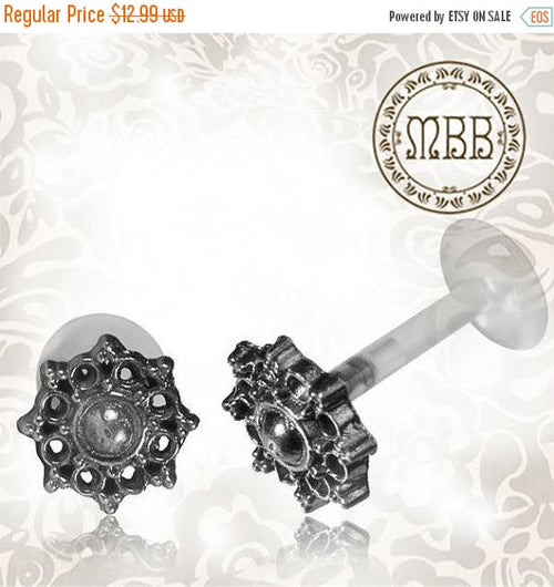 Single Sterling Silver Mandala Tragus 16g (1.2mm) Labret Antiqued Tribal Piercing.