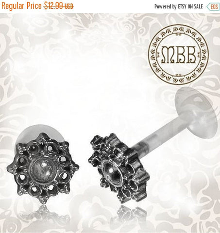 Single 16g (1.2mm) Silver Tragus, Antiqued Flower Labret, Tribal Earring or Madonna Piercing.