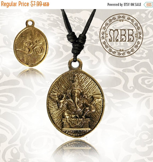 Single Small Brass (Hindu God) Ganesh Pendant 1" 1/4 inch (31mm length) Adjustable Cotton Cord Necklace. Yoga Pendants.