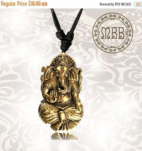 Single Large Brass Seated Hindu God Ganesh Pendant 1" 3/4 inch (45mm diameter) Amulet On AdjustableCotton Cord Necklace.