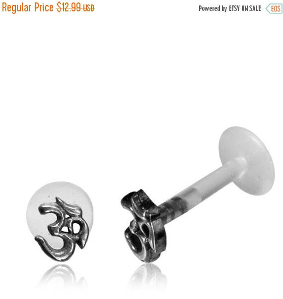Single Hindu Om Silver And Bio PlastiK Labret (Tragus), Size 16g (1.2mm). Tribal Sterling Silver Labret.