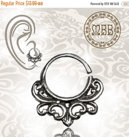 Single 16g (1.2mm) Silver Tragus, Antiqued Flower Labret, Tribal Earring or Madonna Piercing.