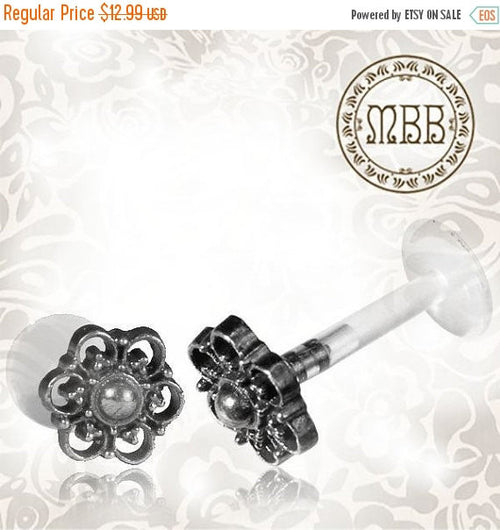 Single Mandala Silver Flower Tragus, 16g 1.2mm Labret Antiqued Tribal Nose Stud.