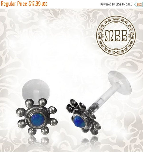 Single Sterling Silver Tragus 16g (1.2mm) Labret, Antiqued Blue Opal Tribal Piercing Body Jewelry.